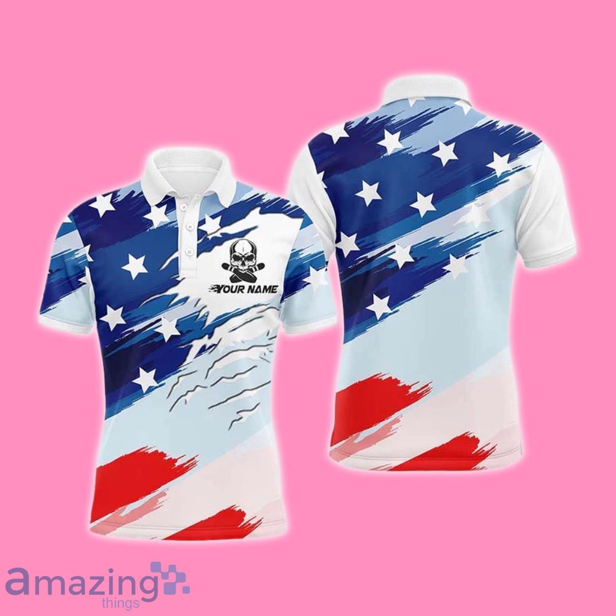 Custom Name Men American Flag Skull Bowler Jersey Polo Shirt image Custom Name Men American Flag Skull Bowler Jersey Polo Shirt Product Photo 1