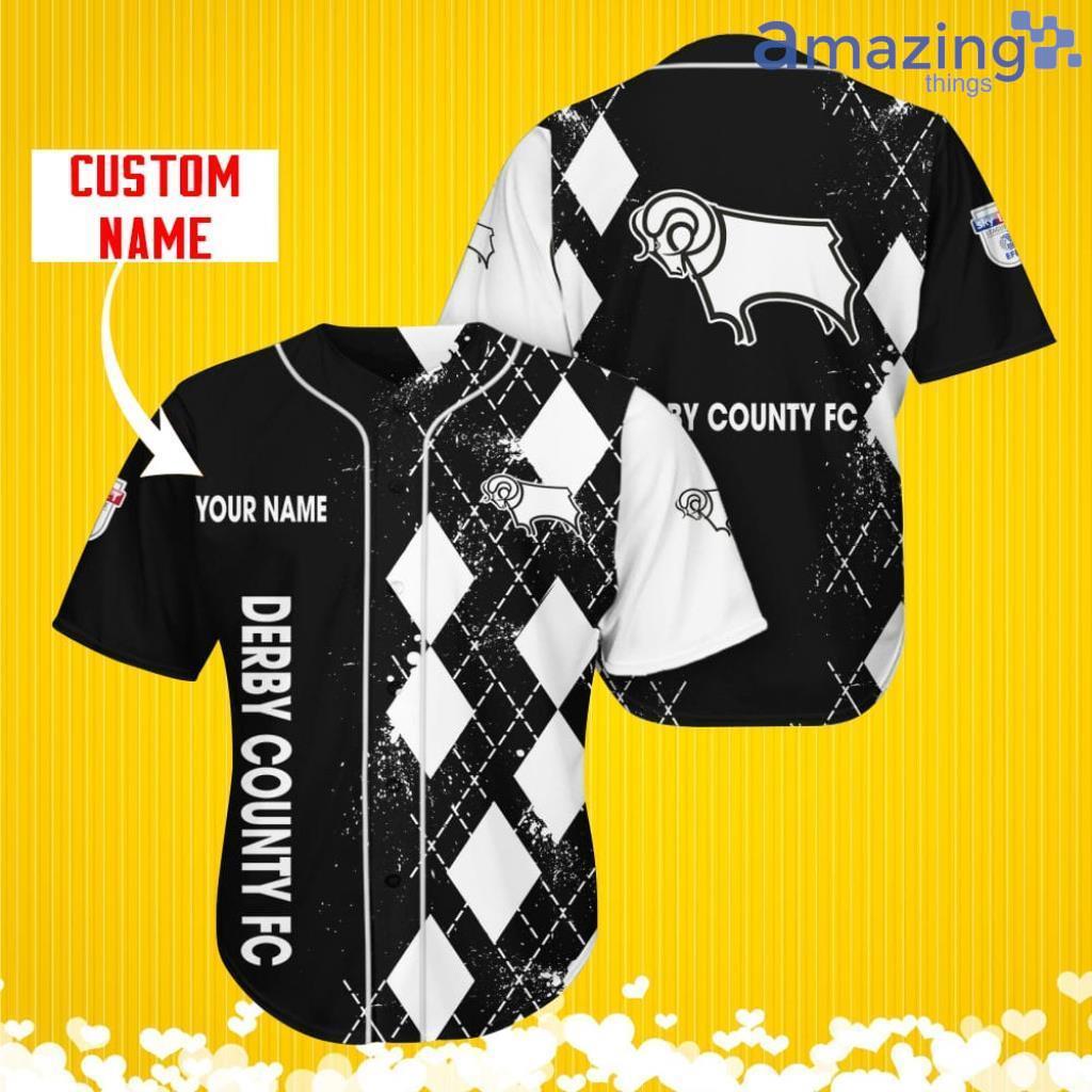 Derby County Sports Logo Jersey Baseball Shirt Custom Name With Diamond Brush Pattern For Men And Women image Derby County Sports Logo Jersey Baseball Shirt Custom Name With Diamond Brush Pattern For Men And Women Product Photo 2