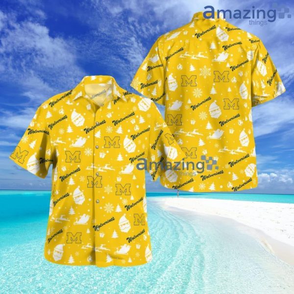 Michigan Wolverines Christmas Pattern Button Down Tropical Hawaiian Shirt - Gold Product Photo 1