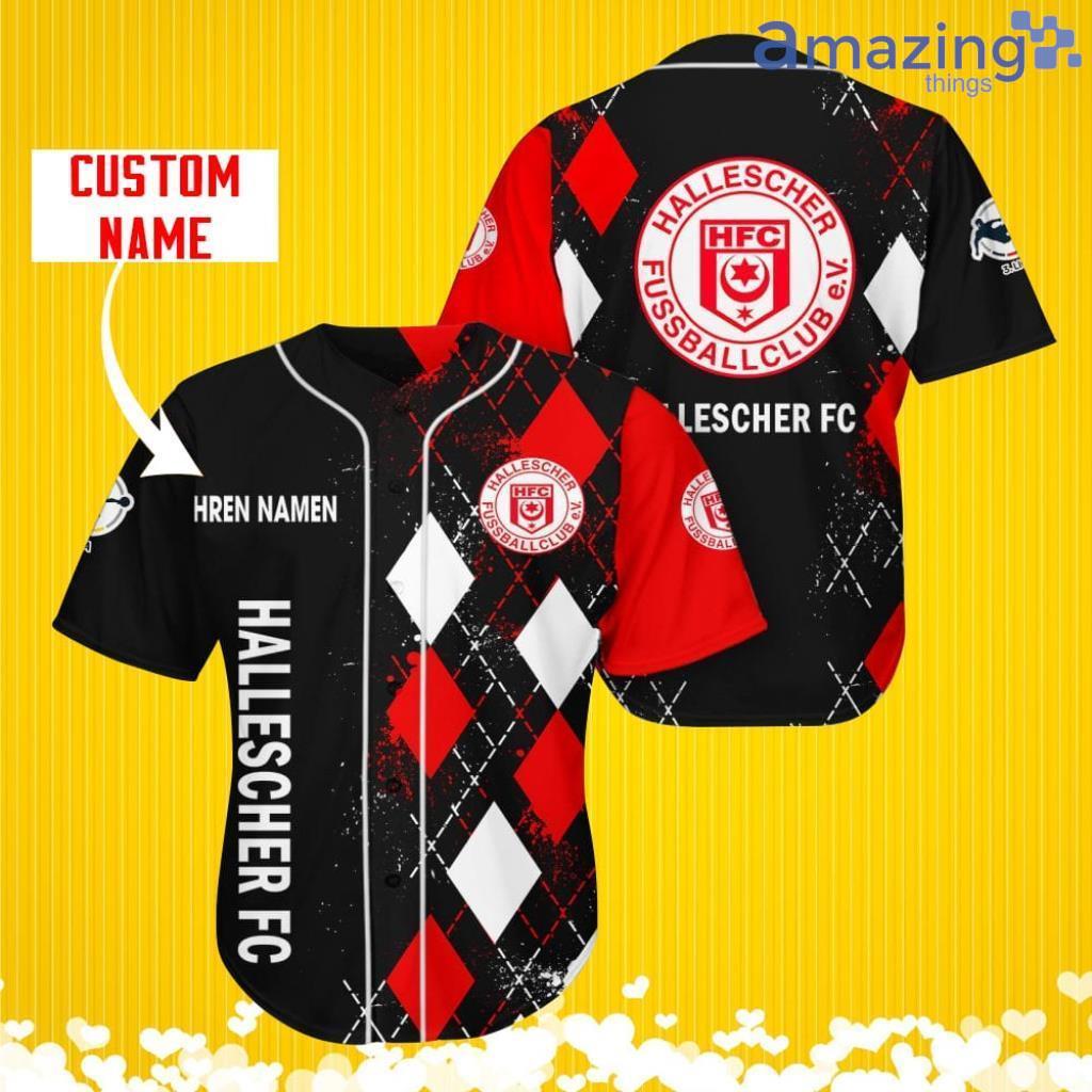 Hallescher FC Sports Logo Jersey Baseball Shirt Custom Name With Diamond Brush Pattern For Men And Women image Hallescher FC Sports Logo Jersey Baseball Shirt Custom Name With Diamond Brush Pattern For Men And Women Product Photo 1