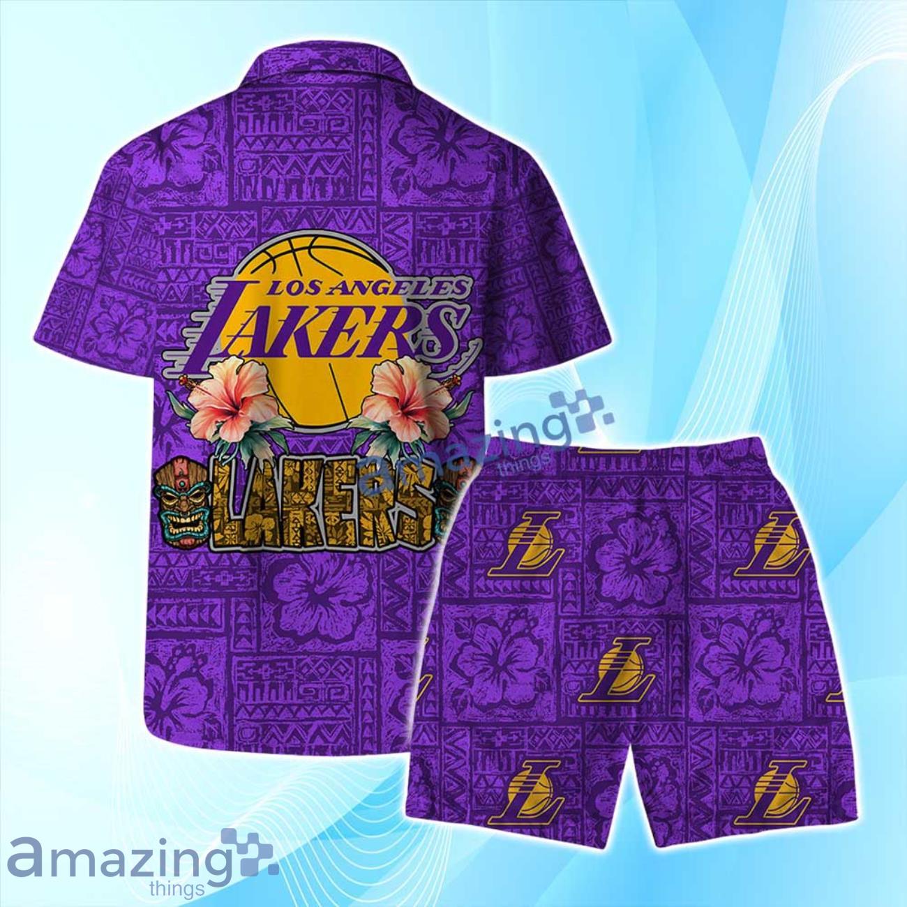 Los Angeles Lakers NBA Aloha Tiki Hawaiian Shirt & Short Summer Beach image Los Angeles Lakers NBA Aloha Tiki Hawaiian Shirt & Short Summer Beach Product Photo 2