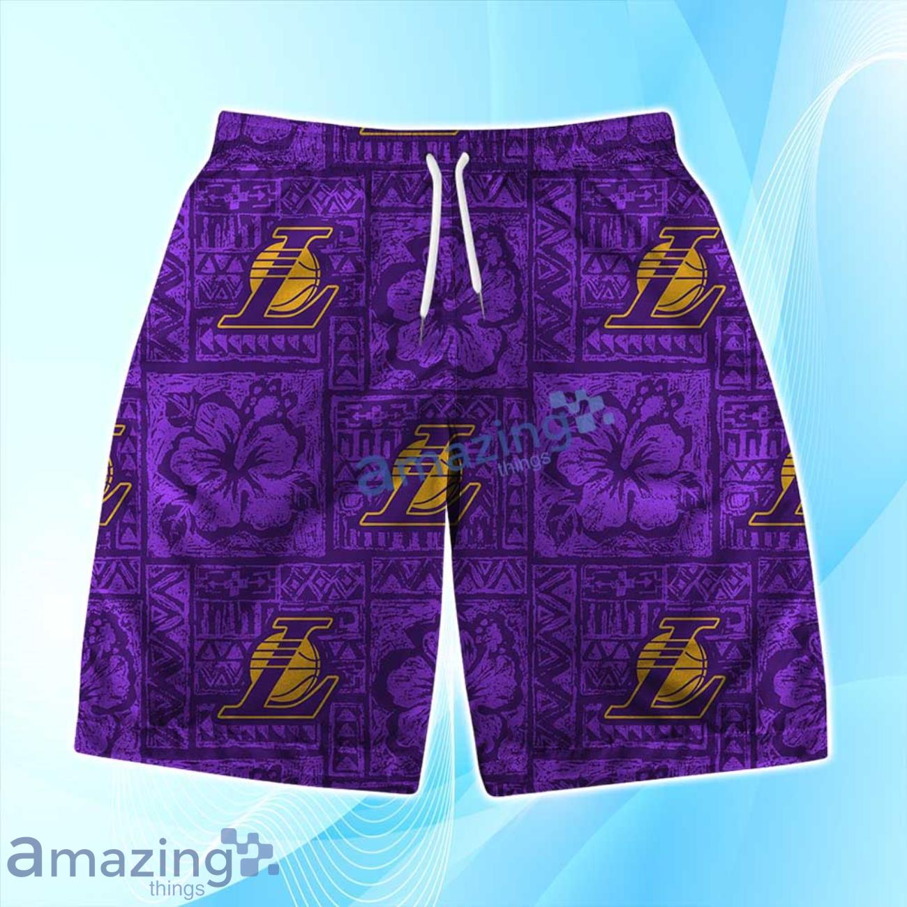 Los Angeles Lakers NBA Aloha Tiki Hawaiian Shirt & Short Summer Beach image Los Angeles Lakers NBA Aloha Tiki Hawaiian Shirt & Short Summer Beach Product Photo 3