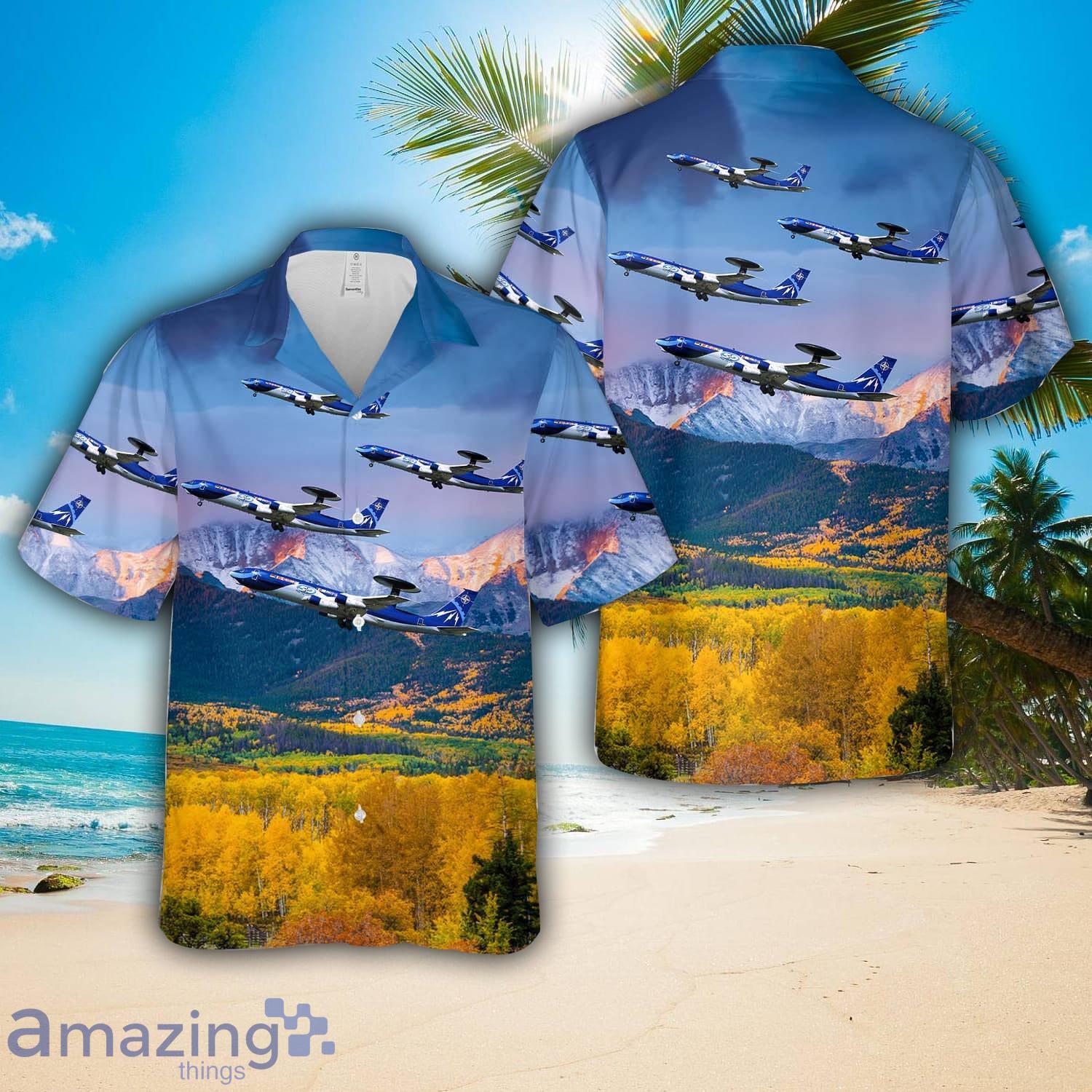 Luxembourg Air Force 50th Anniversary of NATO special schemed AWACS Boeing E 3A Sentry LX N90442 Hawaiian Shirt 3D Printed Button Shirt image Luxembourg Air Force 50th Anniversary of NATO special schemed AWACS Boeing E-3A Sentry LX-N90442 Hawaiian Shirt 3D Printed Button Shirt Product Photo 1