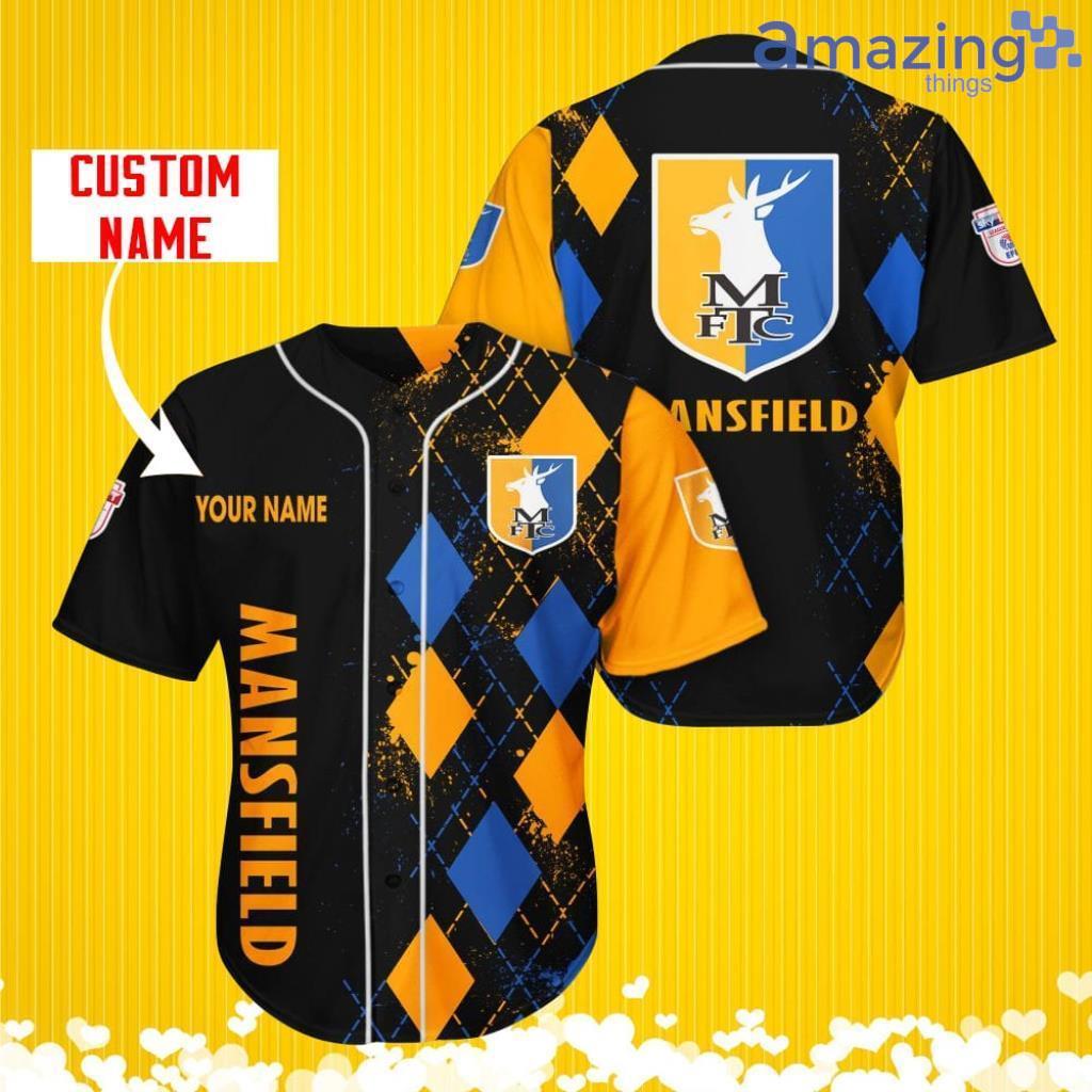 Mansfield Town Sports Logo Jersey Baseball Shirt Custom Name With Diamond Brush Pattern For Men And Women image Mansfield Town Sports Logo Jersey Baseball Shirt Custom Name With Diamond Brush Pattern For Men And Women Product Photo 1