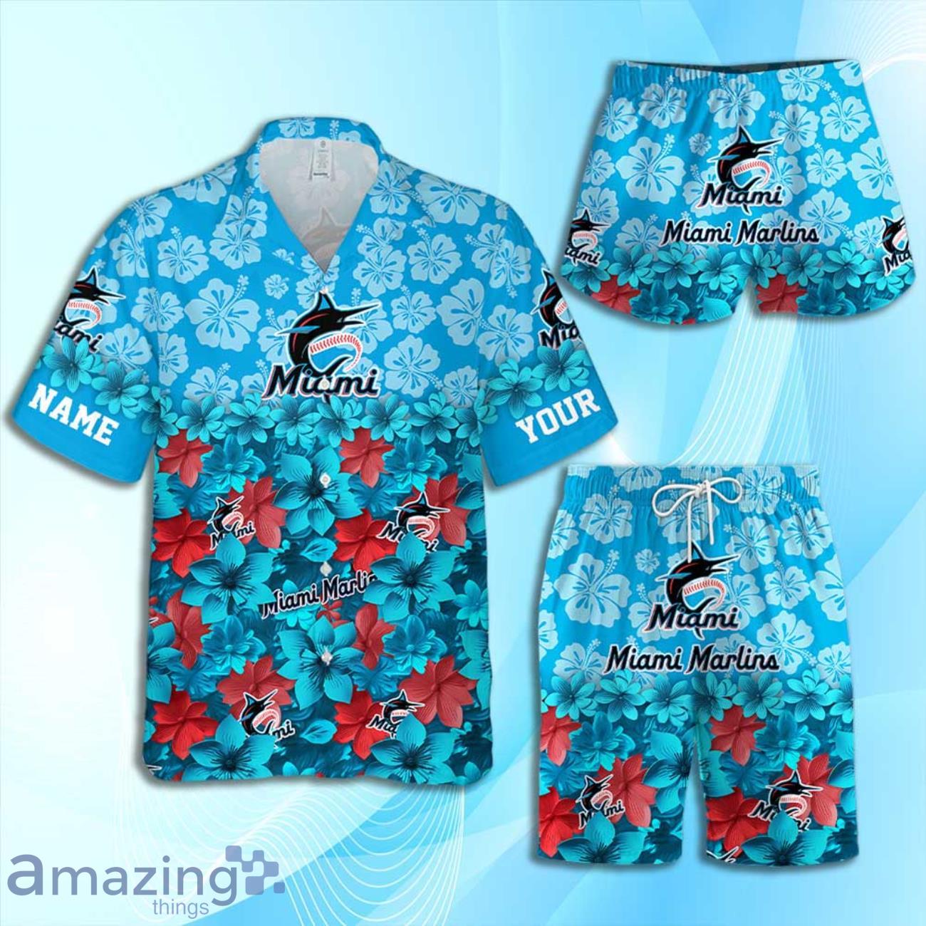 Miami Marlins MLB Flower Hawaiian Shirt And Short Custom Name For Fans Product Photo 1