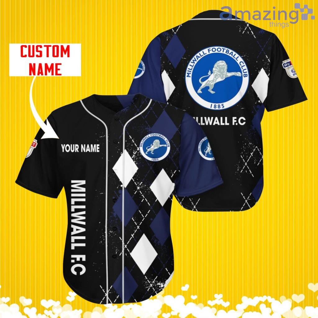 Millwall F.C Sports Logo Jersey Baseball Shirt Custom Name With Diamond Brush Pattern For Men And Women image Millwall F.C Sports Logo Jersey Baseball Shirt Custom Name With Diamond Brush Pattern For Men And Women Product Photo 1