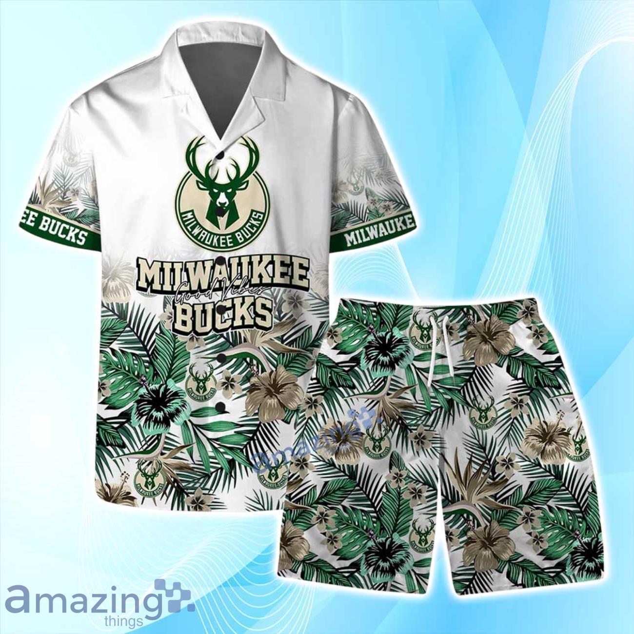 Milwaukee Bucks Team Logo Pattern Basketball Season Hawaiian Shirt & Short Product Photo 1