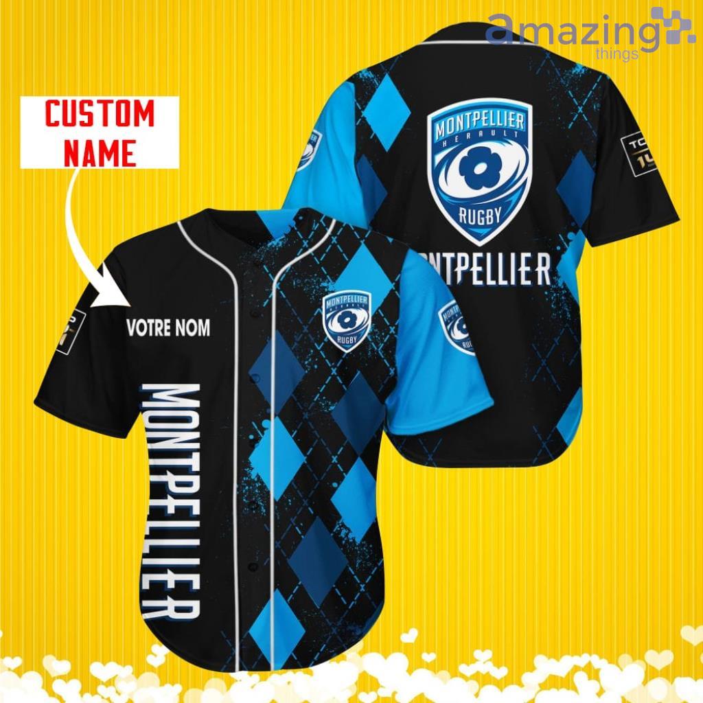 Montpellier Herault Rugby Sports Logo Jersey Baseball Shirt Custom Name With Diamond Brush Pattern For Men And Women image Montpellier Herault Rugby Sports Logo Jersey Baseball Shirt Custom Name With Diamond Brush Pattern For Men And Women Product Photo 1