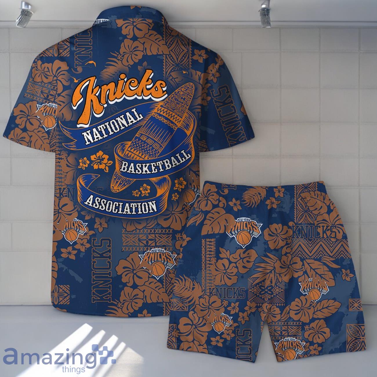 New York Knicks Team Logo Pattern Retro Magic Hawaiian Shirt And Short image New York Knicks Team Logo Pattern Retro Magic Hawaiian Shirt And Short Product Photo 2