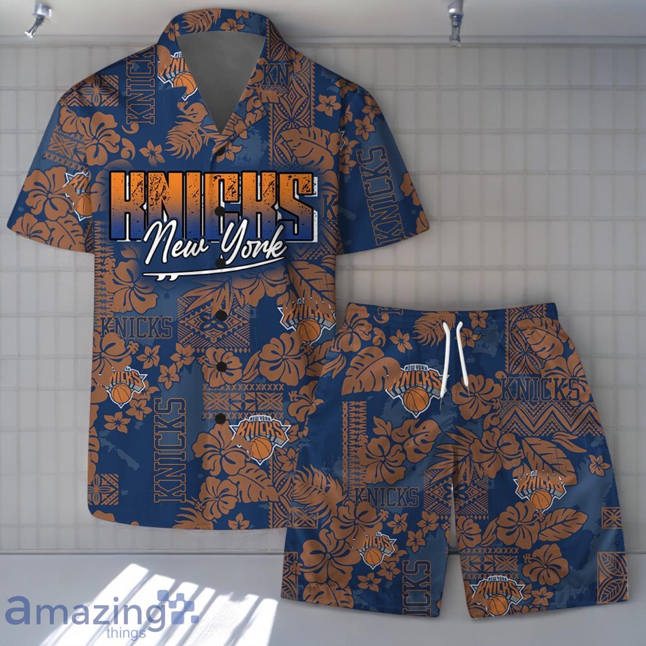 New York Knicks Team Logo Pattern Retro Magic Hawaiian Shirt And Short image New York Knicks Team Logo Pattern Retro Magic Hawaiian Shirt And Short Product Photo 1
