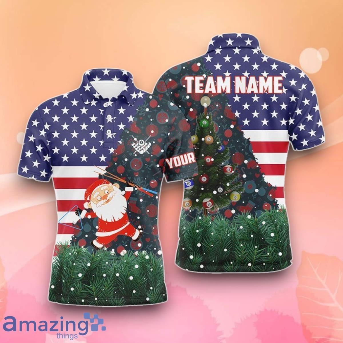 Personalized Santa American Flag Billiard Polo Shirts Designs Special Gift image Personalized Santa American Flag Billiard Polo Shirts Designs Special Gift Product Photo 1
