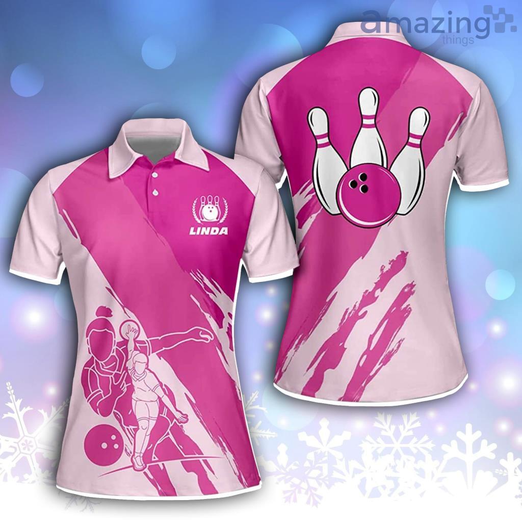 Pink Bowling Ball And Pin Short Sleeve Polo Shirt For Women image Pink Bowling Ball And Pin Short Sleeve Polo Shirt For Women Product Photo 1