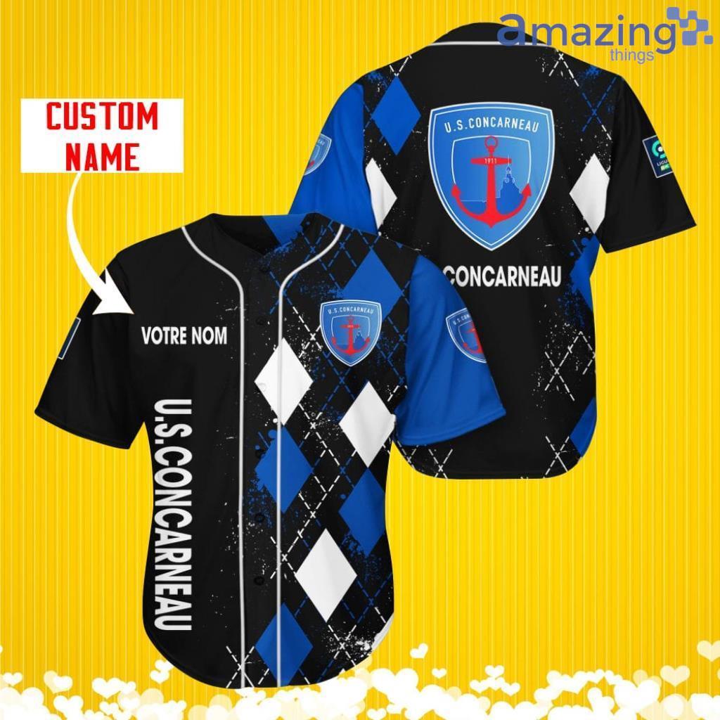 Usc Concarneau Sports Logo Jersey Baseball Shirt Custom Name With Diamond Brush Pattern For Men And Women image Usc Concarneau Sports Logo Jersey Baseball Shirt Custom Name With Diamond Brush Pattern For Men And Women Product Photo 1