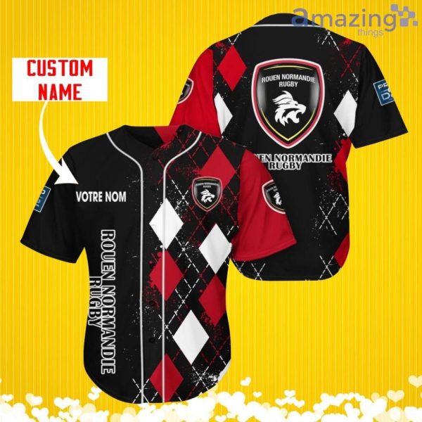 Rouen Normandie Rugby Sports Logo Jersey Baseball Shirt Custom Name With Diamond Brush Pattern For Men And Women Product Photo 1