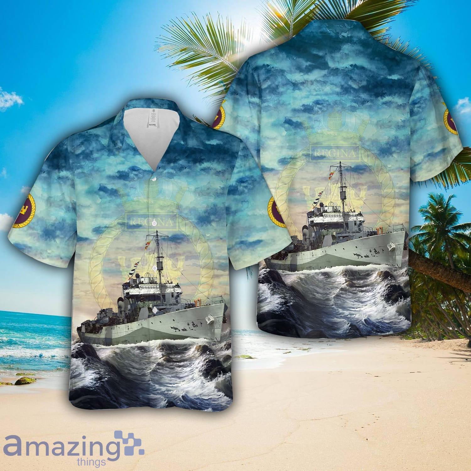 Royal Canadian Navy HMCS Regina (K234) Flower class corvette In WWII AOP Hawaiian Shirt Summer Holiday Gift image Royal Canadian Navy HMCS Regina (K234) Flower-class corvette In WWII AOP Hawaiian Shirt Summer Holiday Gift Product Photo 1