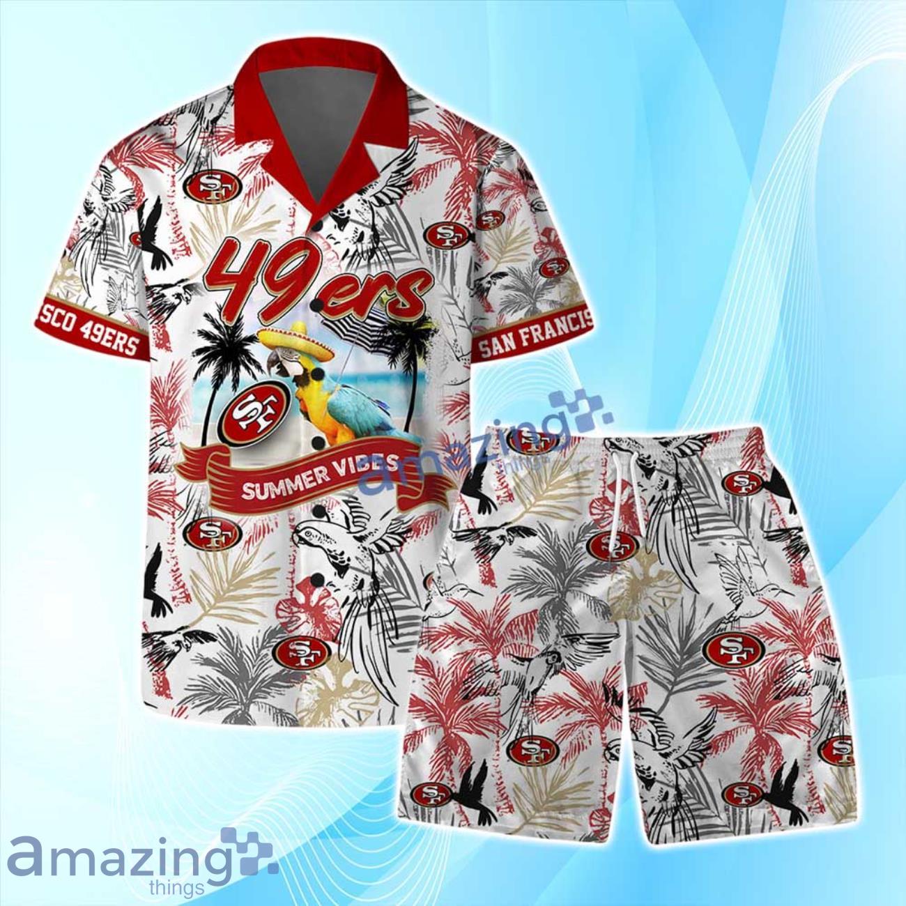 San Francisco 49ers Logo Parrot Beach Hawaiian Shirt & Short Summer Beach image San Francisco 49ers Logo Parrot Beach Hawaiian Shirt & Short Summer Beach Product Photo 1