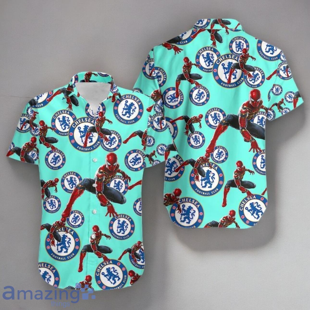 Spiderman Avengers Merchandise Hawaiian Shirt Outfit Chelsea Football Club image Spiderman Avengers Merchandise Hawaiian Shirt Outfit Chelsea Football Club Product Photo 1
