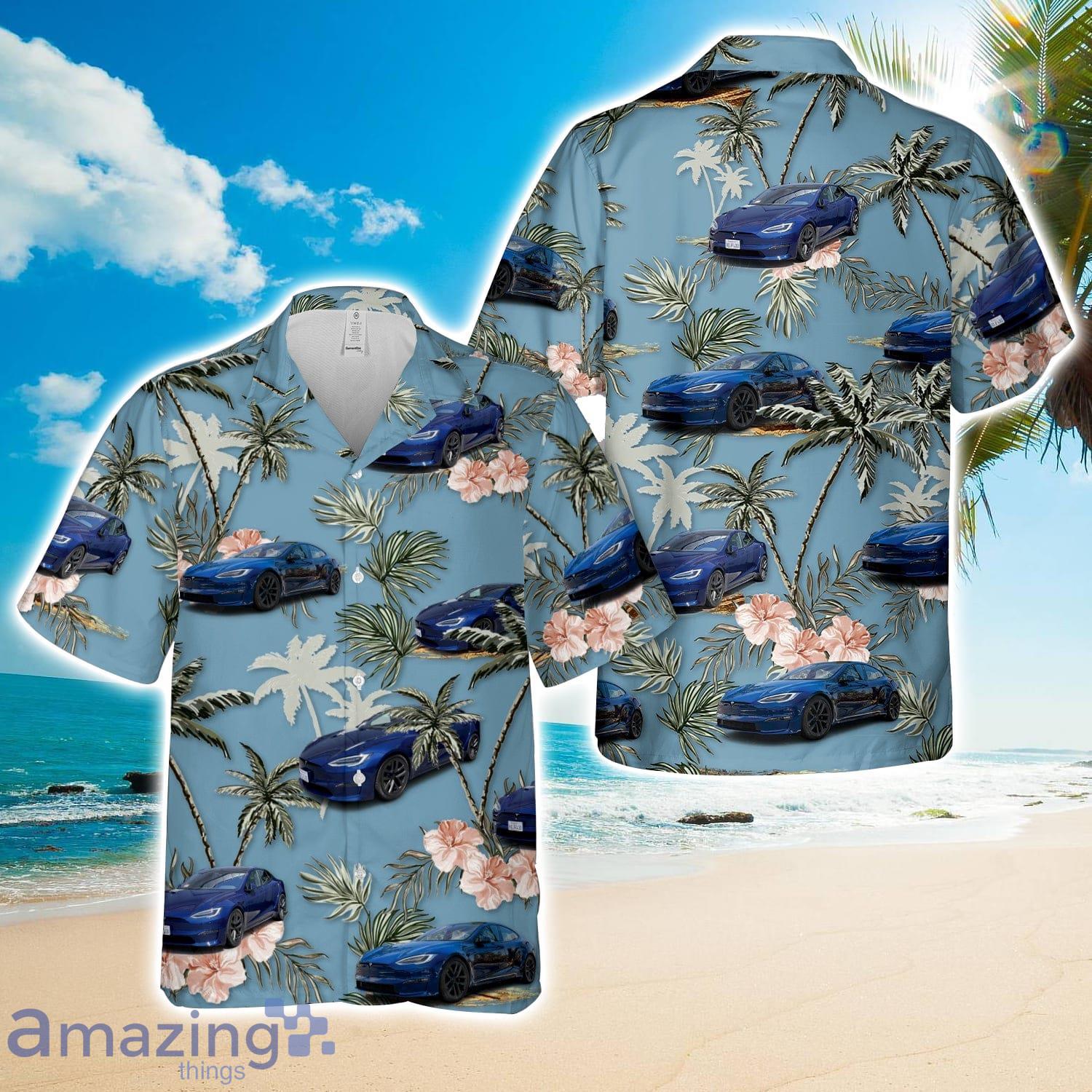 Tesla Model S Plaid Blue Hawaiian Shirt Cute Summer Gift image Tesla Model S Plaid Blue Hawaiian Shirt Cute Summer Gift Product Photo 1