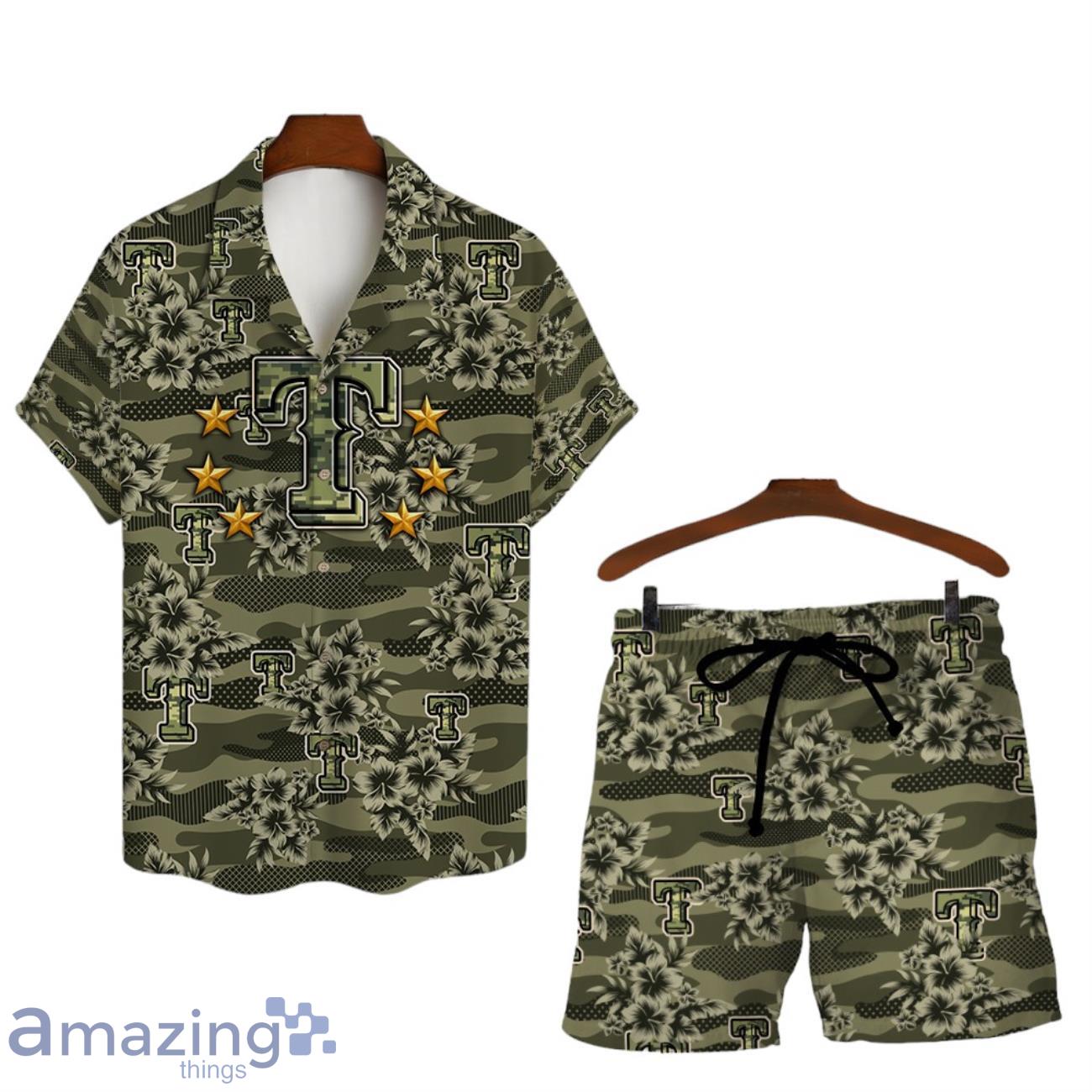 Texas Rangers Logo Camo Pattern 3D Hawaiian Shirt & Short image Texas Rangers Logo Camo Pattern 3D Hawaiian Shirt & Short Product Photo 1