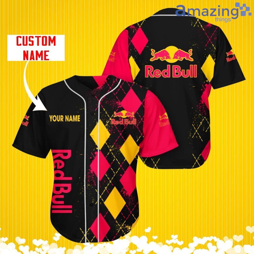 Red Bull Sports Logo Jersey Baseball Shirt Custom Name With Diamond Brush Pattern For Men And Women image Red Bull Sports Logo Jersey Baseball Shirt Custom Name With Diamond Brush Pattern For Men And Women Product Photo 1