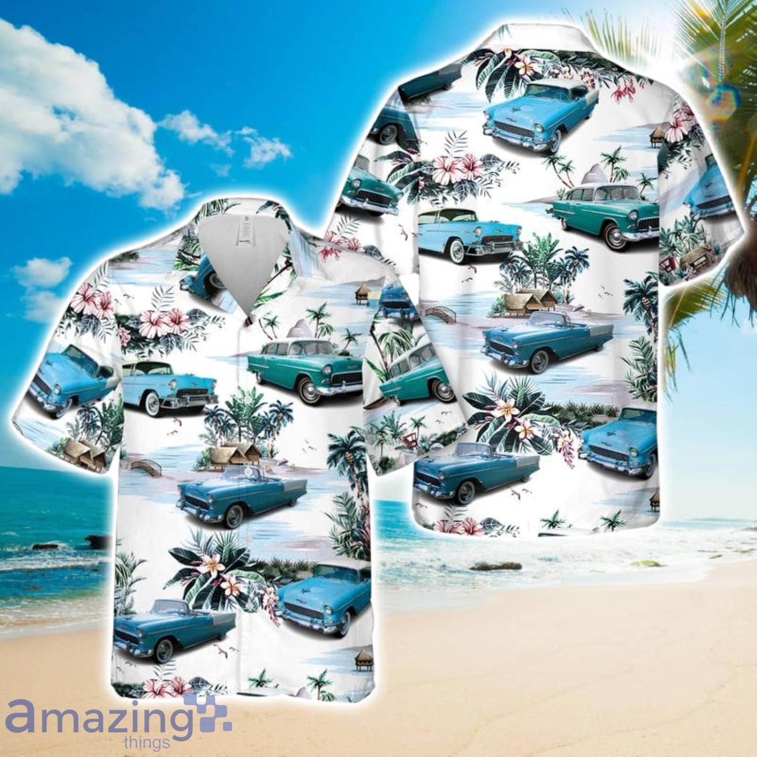 1955 Skyline Blue Chevy Bel Air Beach Gift Hawaiian Shirt image 1955 Skyline Blue Chevy Bel Air Beach Gift Hawaiian Shirt Product Photo 1