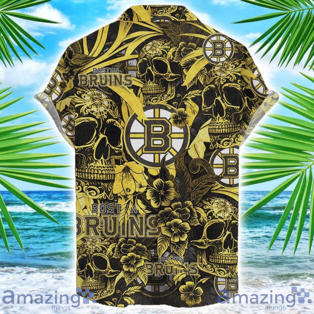 Boston Bruins Flower and Skull Hawaiian Shirt NHL Team Halloween Shirt image Boston Bruins Flower and Skull Hawaiian Shirt NHL Team Halloween Shirt Product Photo 2