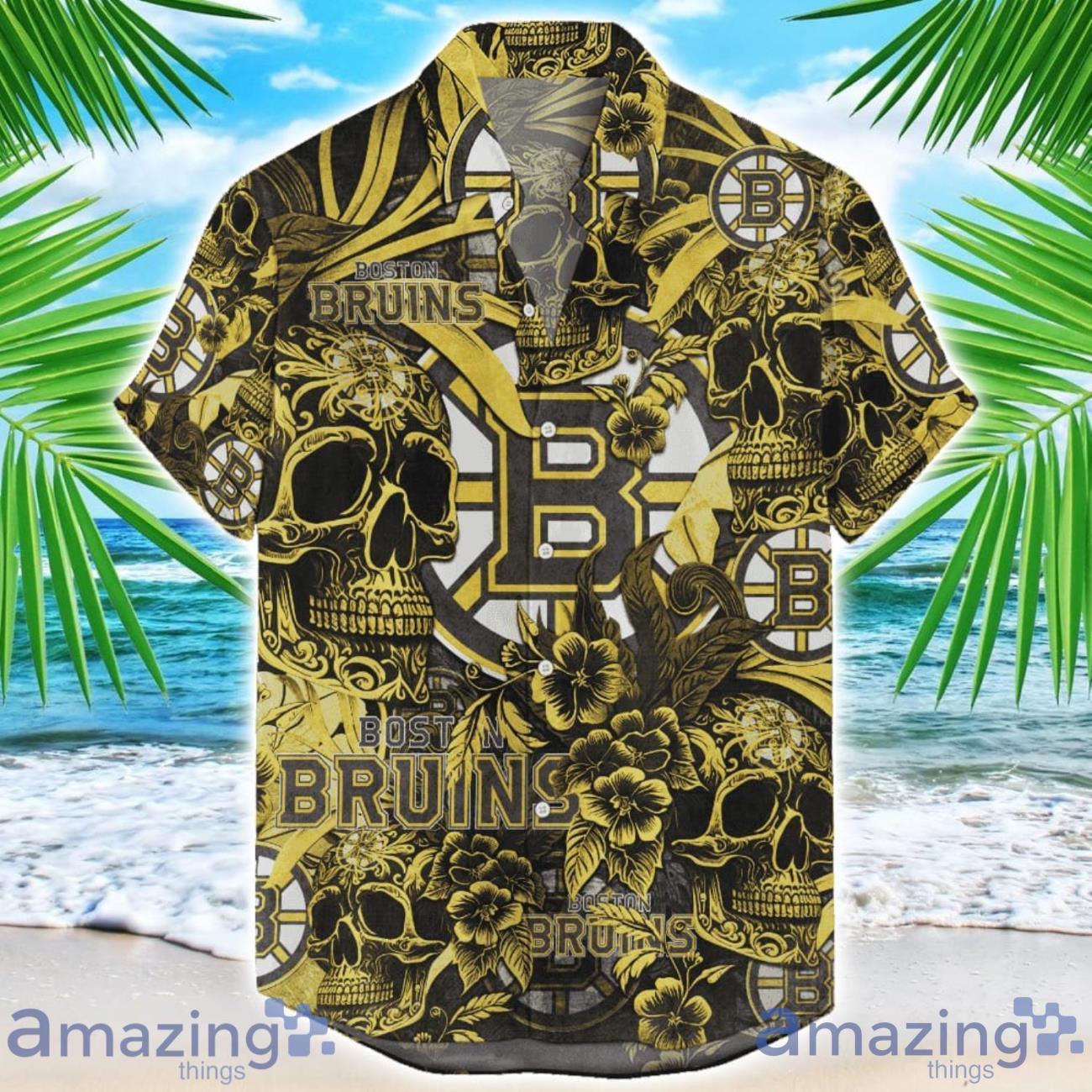Boston Bruins Flower and Skull Hawaiian Shirt NHL Team Halloween Shirt image Boston Bruins Flower and Skull Hawaiian Shirt NHL Team Halloween Shirt Product Photo 1