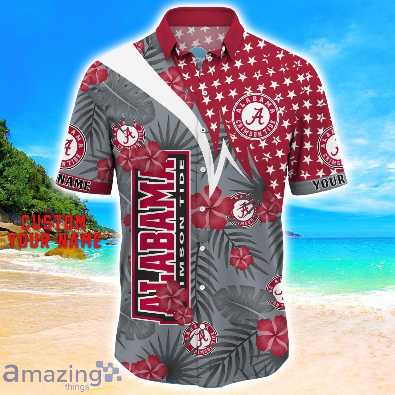 Alabama Crimson Tide Star Tropical Flower 3D Printed Hawaiian Shirt Personalized Name image Alabama Crimson Tide Star Tropical Flower 3D Printed Hawaiian Shirt Personalized Name Product Photo 2