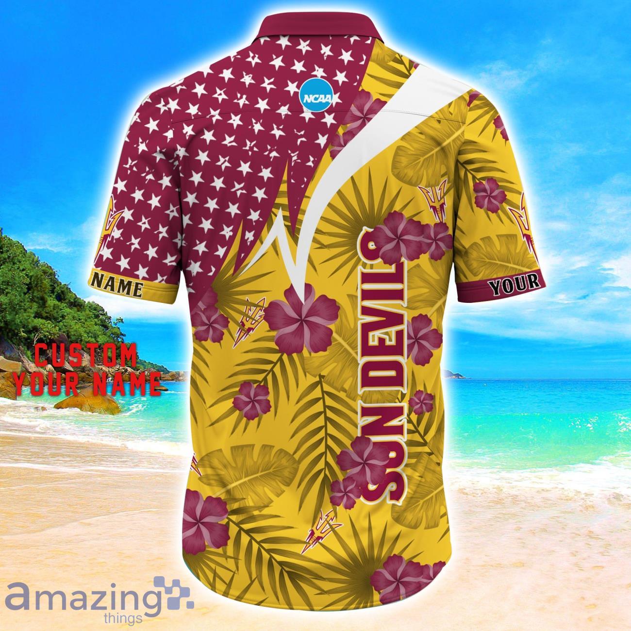 Arizona State Sun Devils Star Tropical Flower 3D Printed Hawaiian Shirt Personalized Name image Arizona State Sun Devils Star Tropical Flower 3D Printed Hawaiian Shirt Personalized Name Product Photo 3