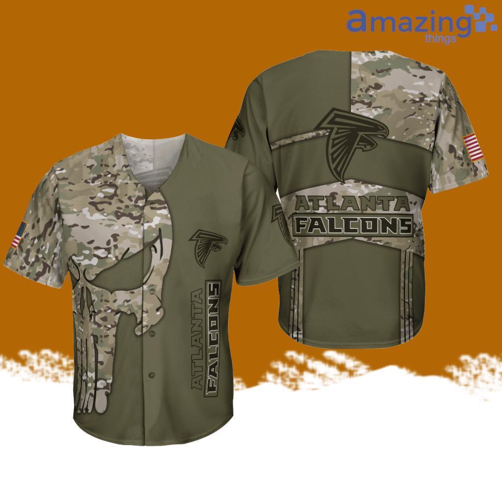 Atlanta Falcons Military Style Baseball Jersey Shirt Skull Camo Green image Atlanta Falcons Military Style Baseball Jersey Shirt Skull Camo Green Product Photo 1