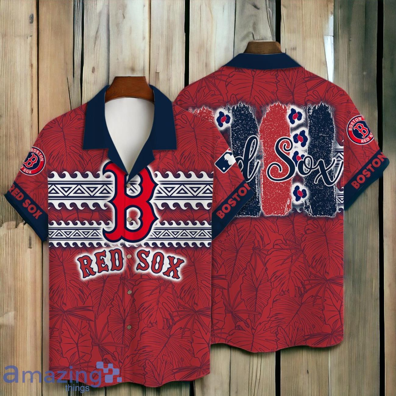 Boston Red Sox MLB Brocade Motifs Summer Hawaiian Shirt And Short image Boston Red Sox MLB Brocade Motifs Summer Hawaiian Shirt And Short Product Photo 1