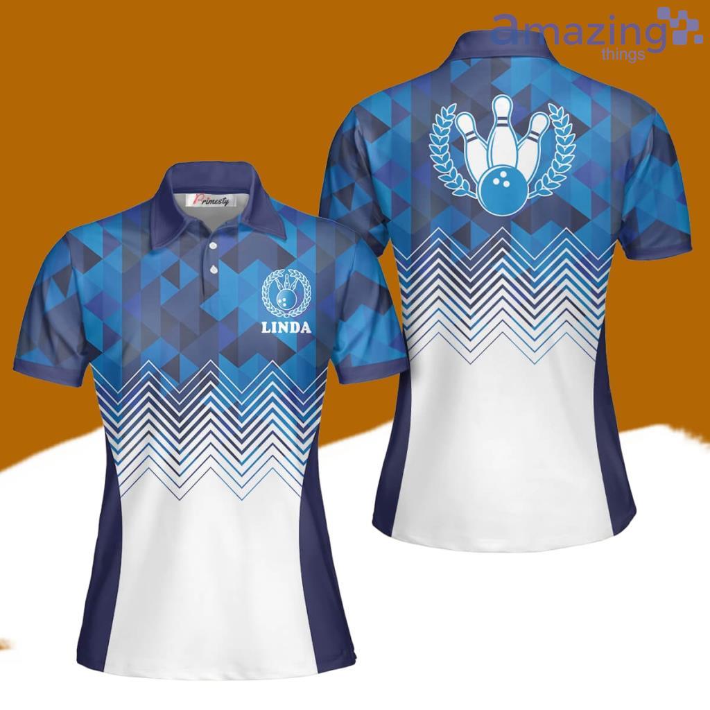 Bowling Blue Geometric Pattern Custom Name Bowling Polo Shirts For Women image Bowling Blue Geometric Pattern Custom Name Bowling Polo Shirts For Women Product Photo 1