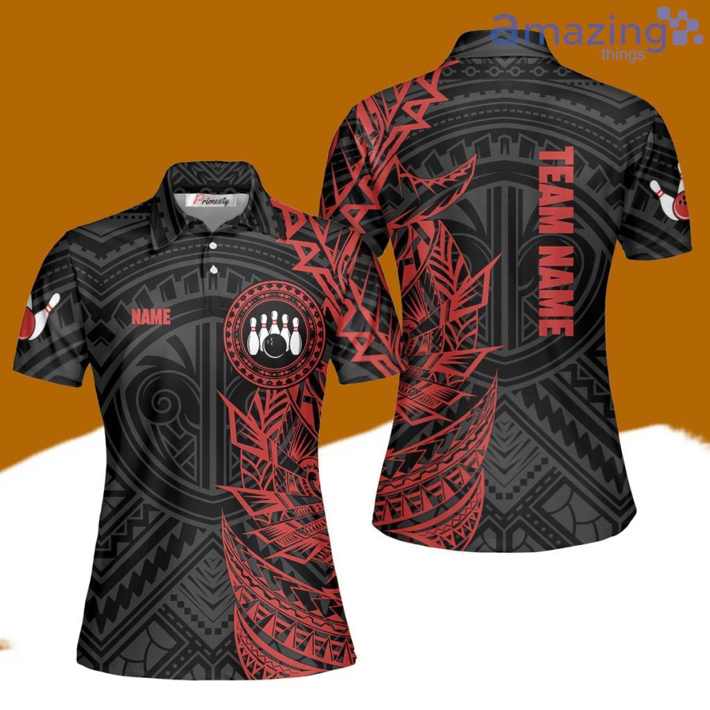 Bowling Tribal Red Black Custom Name Bowling Polo Shirts For Women image Bowling Tribal Red Black Custom Name Bowling Polo Shirts For Women Product Photo 1