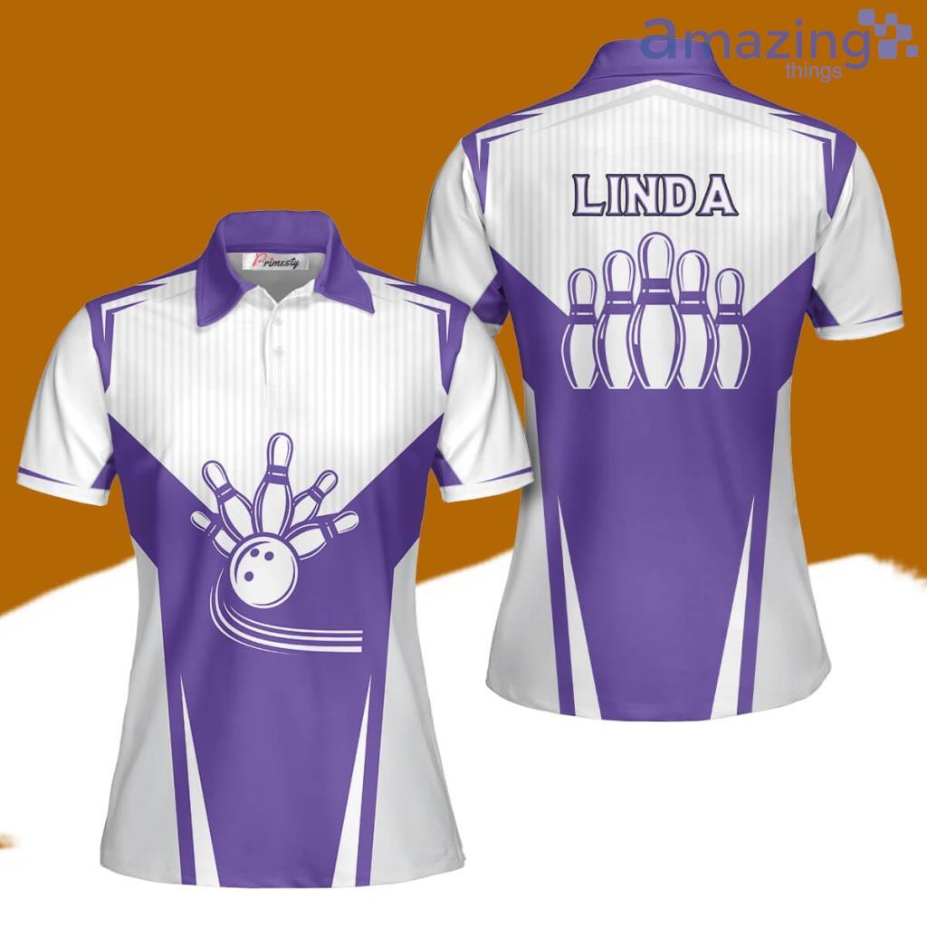 Bowling White Purple Custom Name Bowling Polo Shirts For Women image Bowling White Purple Custom Name Bowling Polo Shirts For Women Product Photo 1
