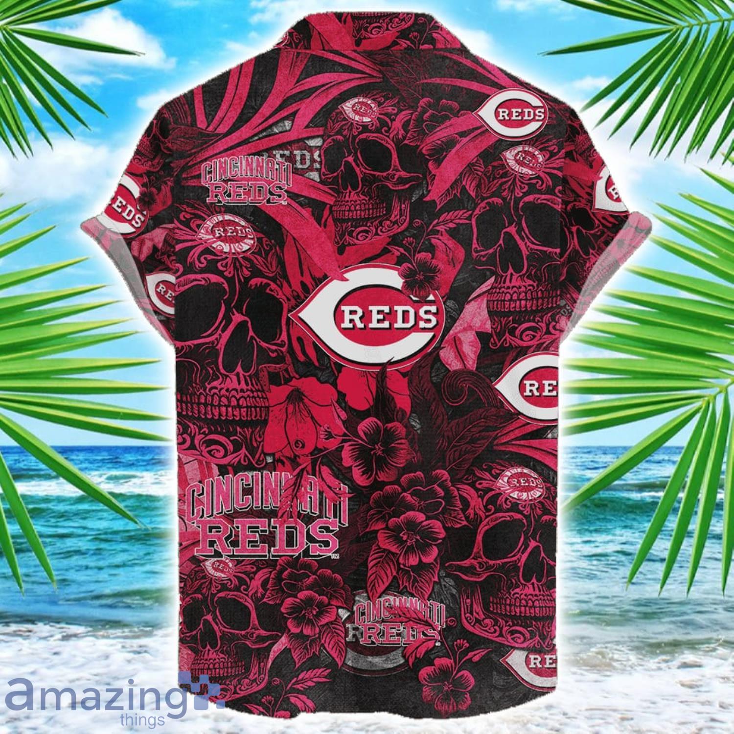 Cincinnati Reds Flower and Skull Hawaiian Shirt MLB Team Halloween Shirt image Cincinnati Reds Flower and Skull Hawaiian Shirt MLB Team Halloween Shirt Product Photo 2
