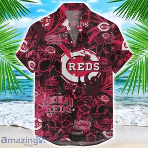 Cincinnati Reds Flower and Skull Hawaiian Shirt MLB Team Halloween Shirt Product Photo 1