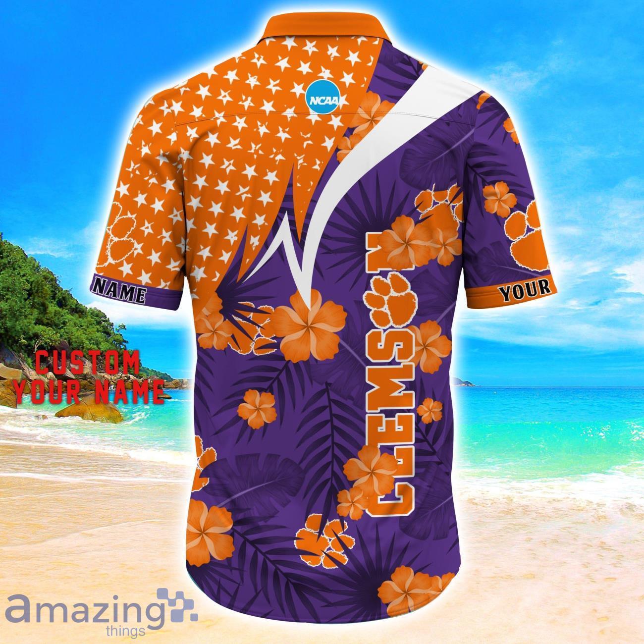 Clemson Tigers Star Tropical Flower 3D Printed Hawaiian Shirt Personalized Name image Clemson Tigers Star Tropical Flower 3D Printed Hawaiian Shirt Personalized Name Product Photo 3