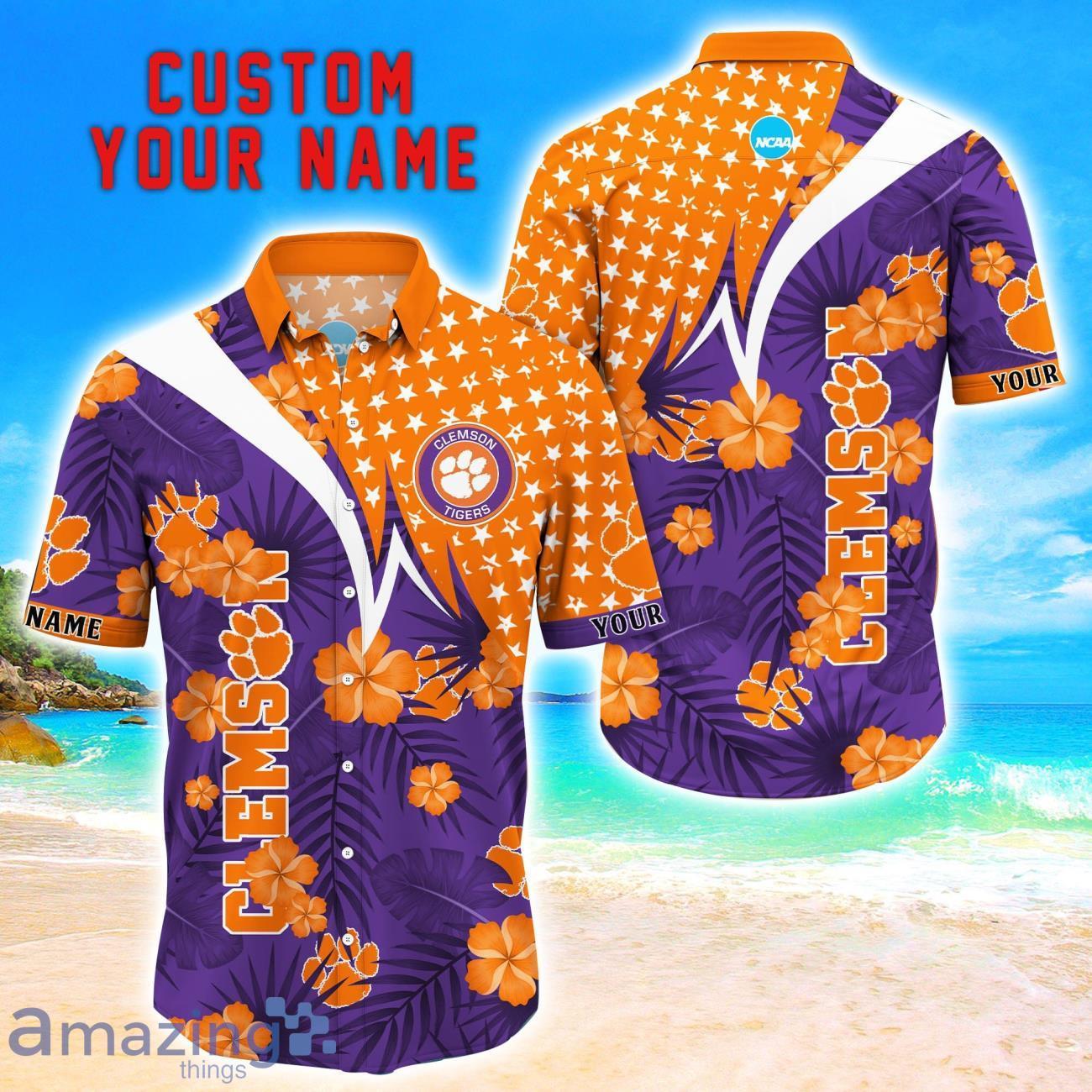 Clemson Tigers Star Tropical Flower 3D Printed Hawaiian Shirt Personalized Name image Clemson Tigers Star Tropical Flower 3D Printed Hawaiian Shirt Personalized Name Product Photo 1