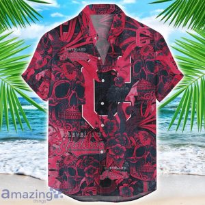 Cleveland Guardians Flower and Skull Hawaiian Shirt MLB Team Halloween Shirt Product Photo 1