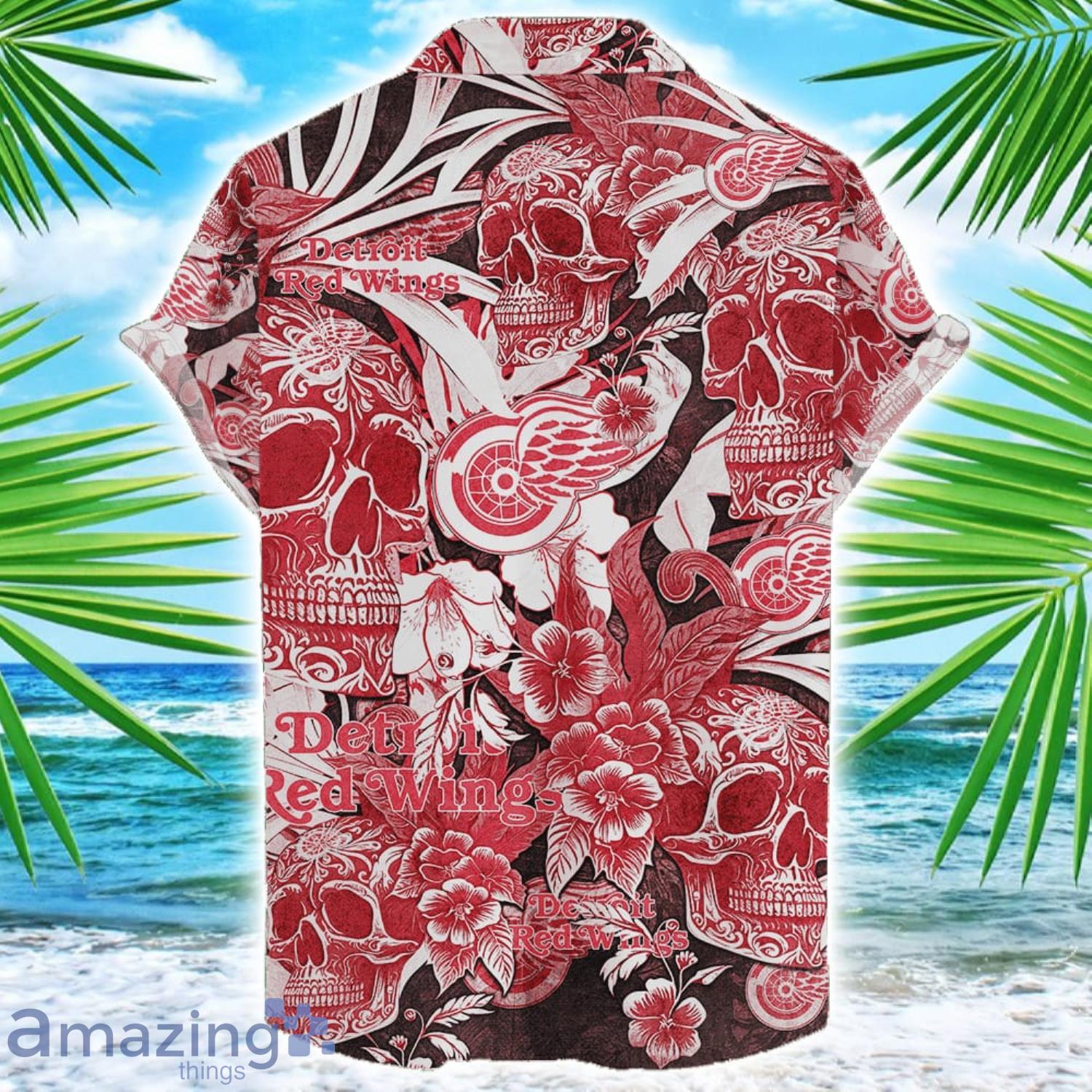 Detroit Red Wings Flower and Skull Hawaiian Shirt NHL Team Halloween Shirt image Detroit Red Wings Flower and Skull Hawaiian Shirt NHL Team Halloween Shirt Product Photo 2