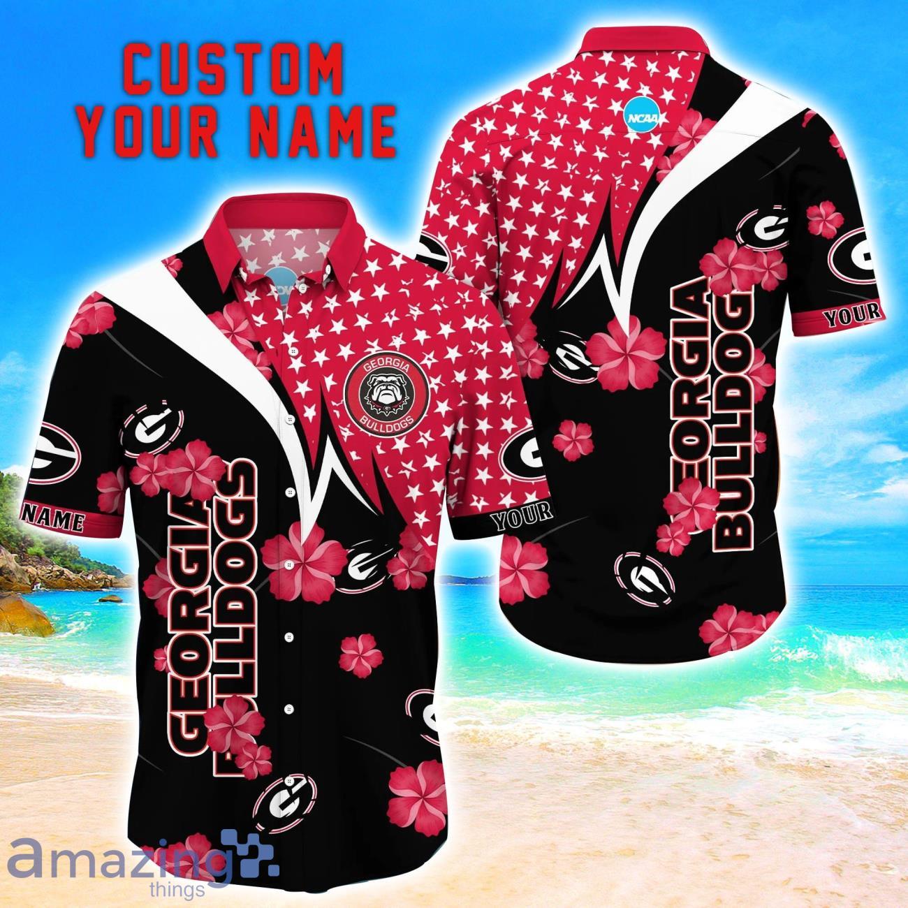 Georgia Bulldogs Star Tropical Flower 3D Printed Hawaiian Shirt Personalized Name image Georgia Bulldogs Star Tropical Flower 3D Printed Hawaiian Shirt Personalized Name Product Photo 1