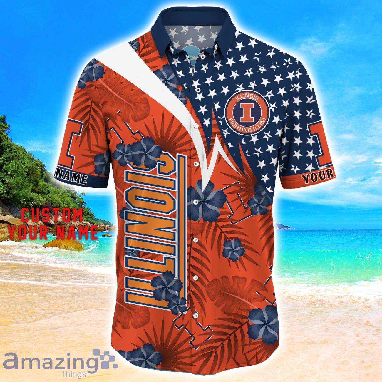Illinois Fighting Illini Star Tropical Flower 3D Printed Hawaiian Shirt Personalized Name image Illinois Fighting Illini Star Tropical Flower 3D Printed Hawaiian Shirt Personalized Name Product Photo 2