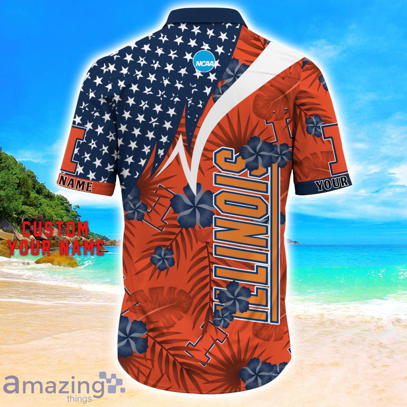 Illinois Fighting Illini Star Tropical Flower 3D Printed Hawaiian Shirt Personalized Name image Illinois Fighting Illini Star Tropical Flower 3D Printed Hawaiian Shirt Personalized Name Product Photo 3