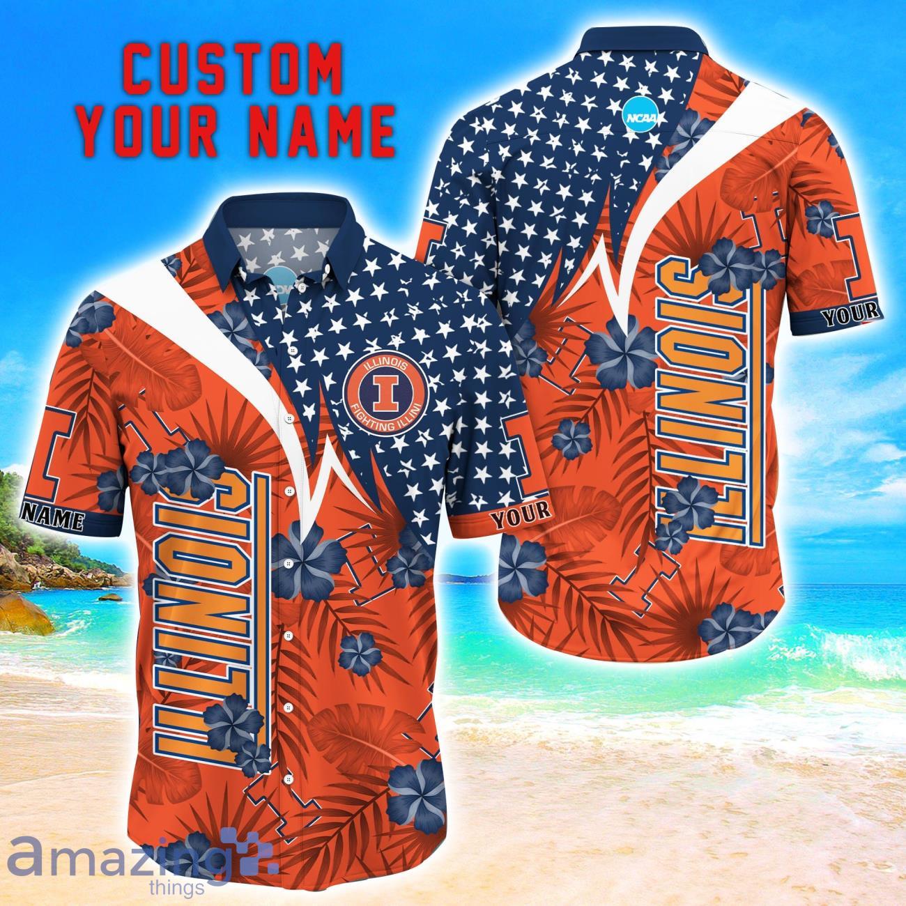 Illinois Fighting Illini Star Tropical Flower 3D Printed Hawaiian Shirt Personalized Name image Illinois Fighting Illini Star Tropical Flower 3D Printed Hawaiian Shirt Personalized Name Product Photo 1