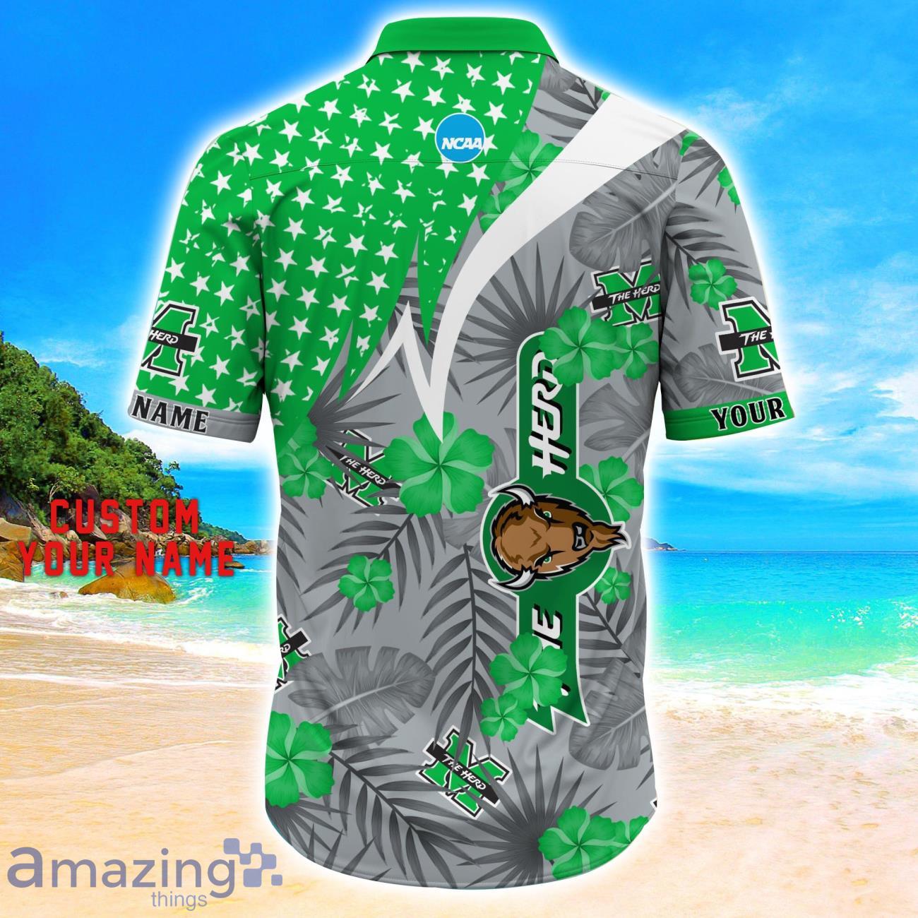 Marshall Thundering Herd Star Tropical Flower 3D Printed Hawaiian Shirt Personalized Name image Marshall Thundering Herd Star Tropical Flower 3D Printed Hawaiian Shirt Personalized Name Product Photo 3