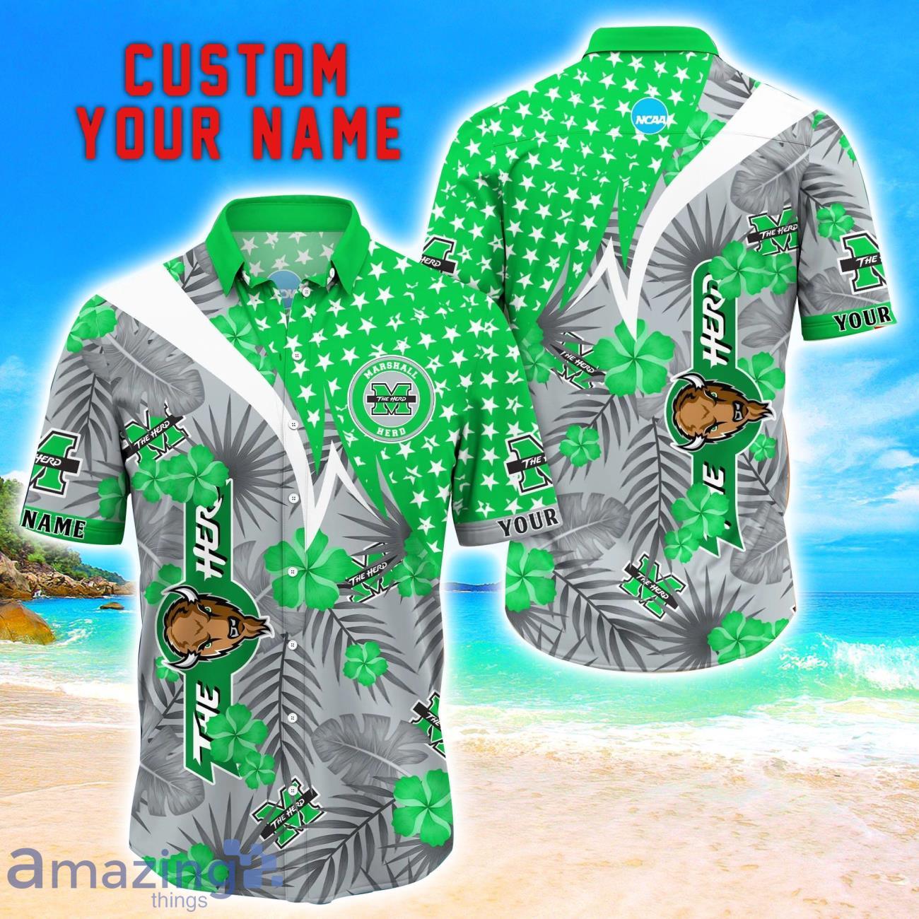 Marshall Thundering Herd Star Tropical Flower 3D Printed Hawaiian Shirt Personalized Name image Marshall Thundering Herd Star Tropical Flower 3D Printed Hawaiian Shirt Personalized Name Product Photo 1