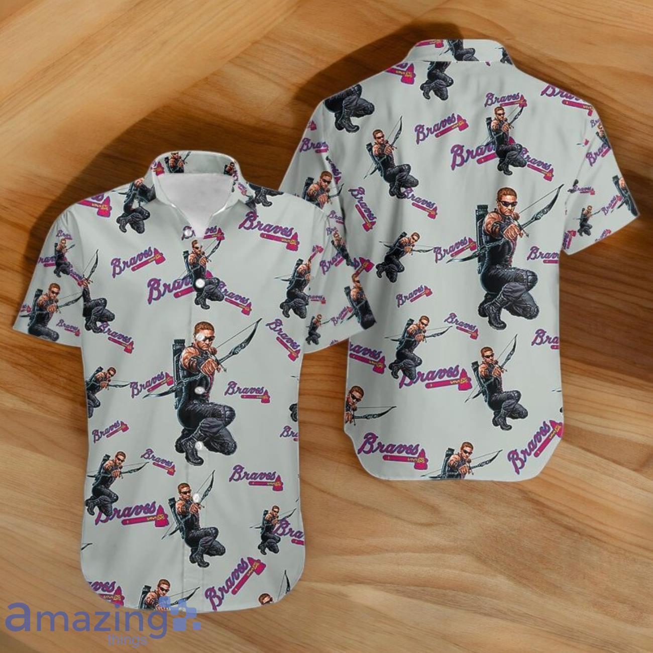 Marvels Hawkeye Hawaiian Button Up Shirt Mens Atlanta Braves image Marvels Hawkeye Hawaiian Button Up Shirt Mens Atlanta Braves- Product Photo 1