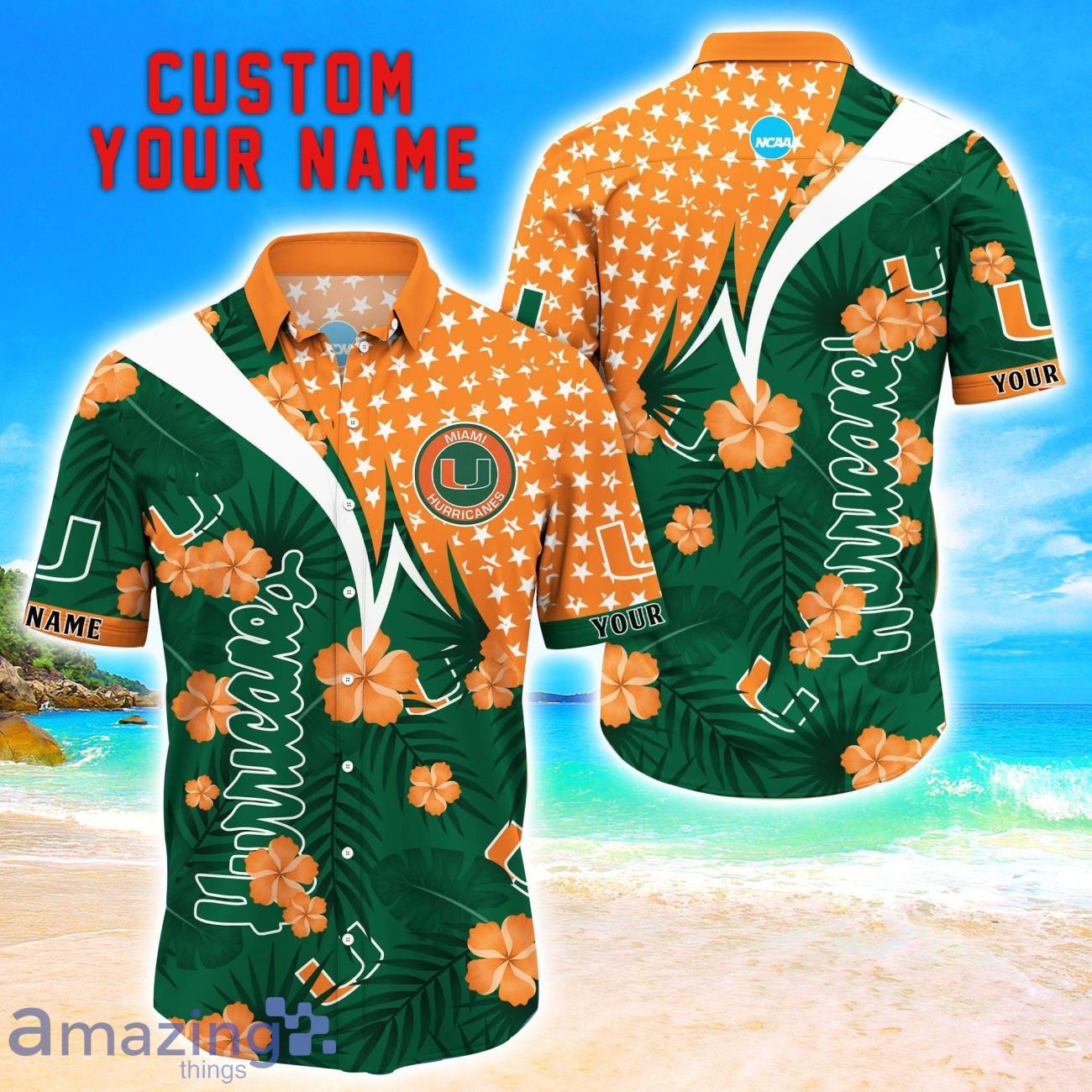 Miami Hurricanes Star Tropical Flower 3D Printed Hawaiian Shirt Personalized Name image Miami Hurricanes Star Tropical Flower 3D Printed Hawaiian Shirt Personalized Name Product Photo 1