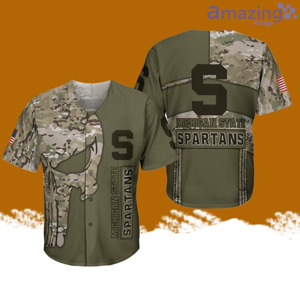 Michigan State Spartans Military Style Baseball Jersey Shirt Skull Camo Green image Michigan State Spartans Military Style Baseball Jersey Shirt Skull Camo Green Product Photo 1