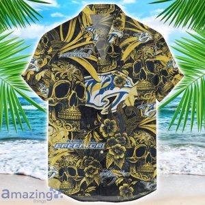 Nashville Predators Flower and Skull Hawaiian Shirt NHL Team Halloween Shirt Product Photo 1